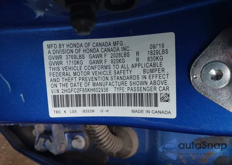 2019 Honda Civic Sport z USA, uszkodzony, nr VIN 2HGFC2F85KH602936